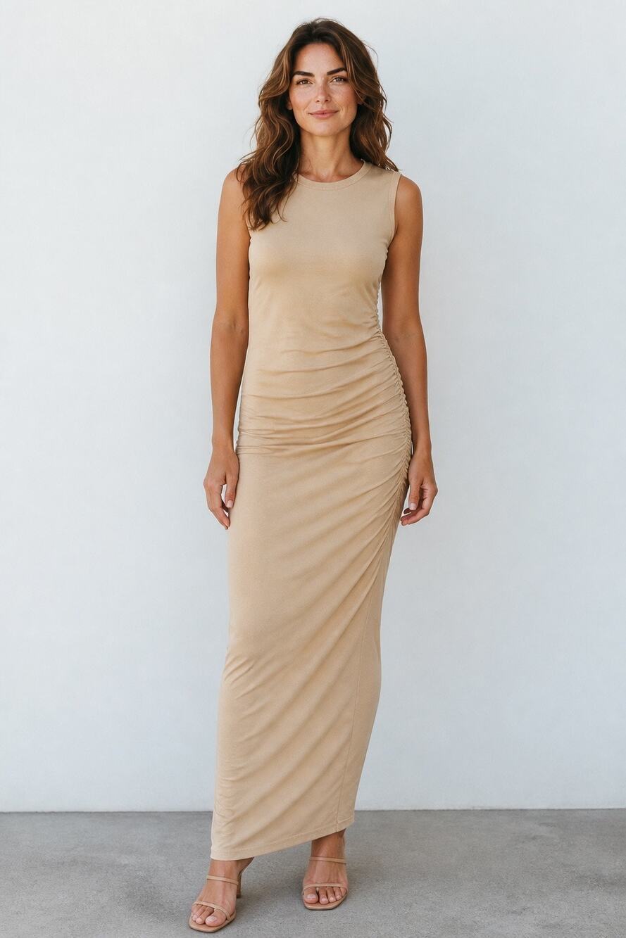 James Perse Bodycon Ruched Maxi Dress Sz 3 Tan Sleeveless Tencel Made USA Large